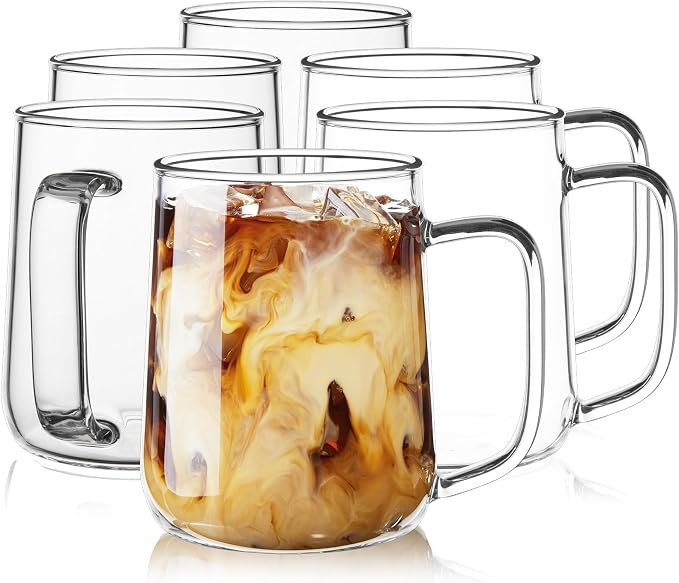 Glass Coffee Mugs, 16 oz Glass Coffee Cups Set of 6, Clear Borosilicate Glass Mugs with Handles for Cappuccino, Tea, Latte, Hot/Cold Beverages, Wine, Americano by Unknown