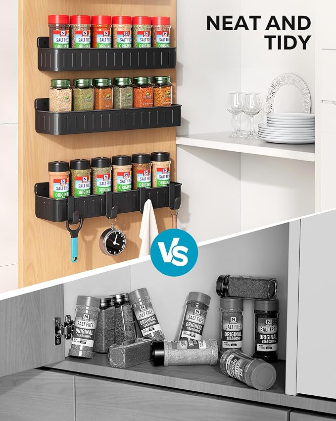 Nieifi Spice Rack Wall Mount, 4 Pack Black, 2" Depth, Screw/Adhesive | Wall-Mounted with Removable Hooks Saves Counter Space, Fits 2" Deep Jars, Ideal for Kitchen Cabinets, Pantry Doors, and RVs. - Image 5