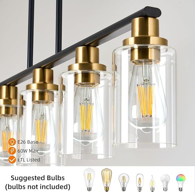 Dining Room Light Fixture,5-Light Farmhouse Linear Chandeliers for Dining Room Over Table，Matte Black and Gold Finish Kitchen Island Pendant Lighting for Kitchen Island，Pool Table Light - Image 5