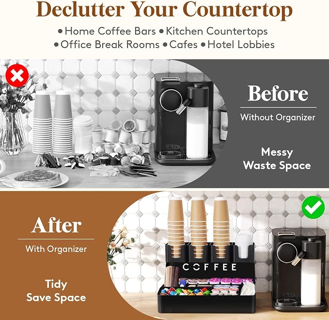 Lifewit 2-tier Coffee Station Organizer Caddy for Countertop, 11 Compartments Coffee Bar Organizers for Cups, Pods, Sugar, Compact Condiment Holders Storage for Office Breakroom Kitchen Home Black - Image 8