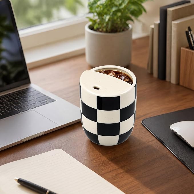 Ceramic Mug with Sip Hole 10 oz Novelty Checkered Coffee Mug | Hand Painted, Ceramic Cup, Heat Resistant, Non Slip, Built in One Lid Handcrafted Mugs for Coffee Lovers - Image 6