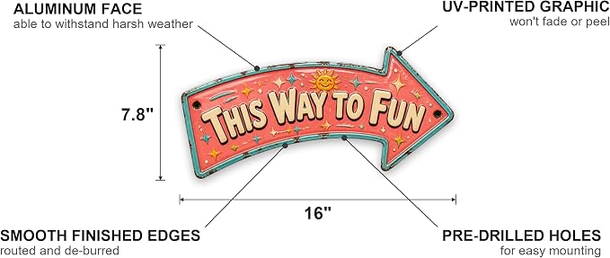 This Way to Fun Right-Pointing Arrow Sign | powder-coated metal, vintage, enamel, durable print, ready to hang - Image 2