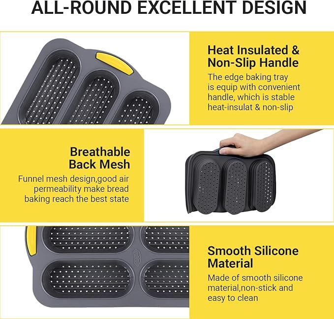 6-Cavity Silicone Baguette Bread Pan, Non-stick French Bread & Hot Dog Bun Mold, Foldable Loaf Pan Baking Tool for Hoagie Homemade Rolls, Dishwasher Safe,Easy Release, Local Stock- 2 Pack Gray