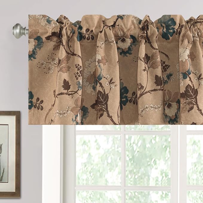 H.VERSAILTEX Blackout Curtain Valances for Kitchen Window/Living Room/Bathroom Privacy Added Rod Pocket Home Decoration Winow Valance, 52" W x 18" L, Floral in Brown and Blue by HVERSAILTEX