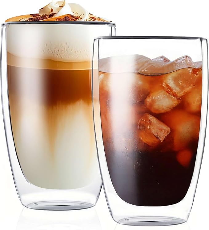 MESNEY 17oz Double Walled Glass Coffee Mugs, Glass Coffee Mugs Set of 2, Insulated Clear Cappuccino Latte Mugs for Home, Cafe & Restaurant, Durable Stackable Drinking Glasses by MESNEY