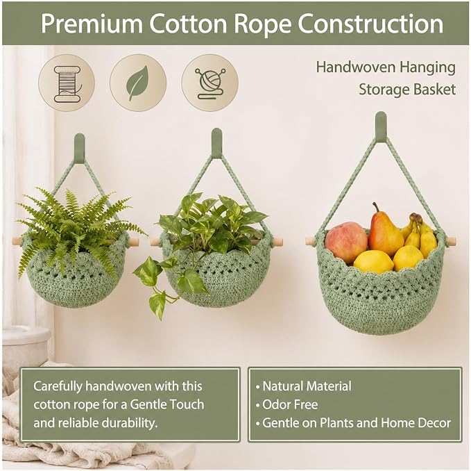 Honeydak Boho Decor Hanging Wall Baskets for Kitchen 3 Pack Teardrop Baskets with Hooks Storage Fruit Onion Vegetable Potato for Home(Sage Green,Lace,Cotton Rope) - Image 5