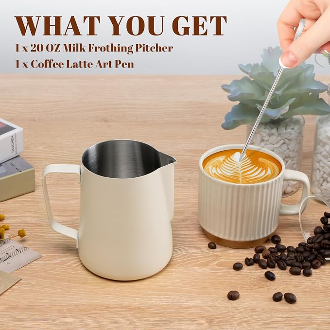 Amrules Milk Frothing Pitcher, 20oz Milk Frother Cup with Clear Scale, 304 Stainless Steel Cappuccino Espresso Machine Accessories for Barista Coffee Bar with Latte Art Pen, White - Image 3