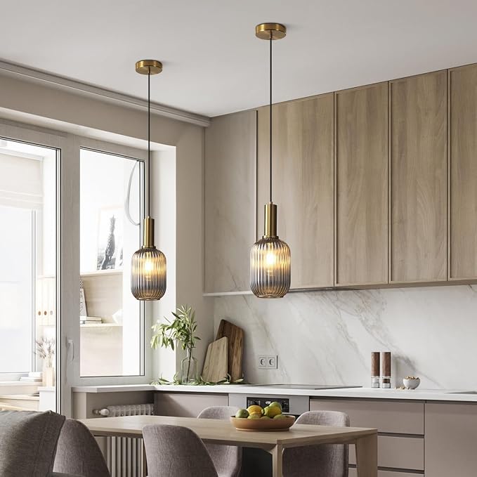 KCO Farmhouse Small 5.1” Smoke Gray Ribbed Cylinder Glass Pendant Light | E26 Bulb Hardwired, Adjustable Cord MCM Vintage Ceiling Hanging Lamp for Sloped Ceiling Kitchen Island Dining Room Bedroom - Image 4
