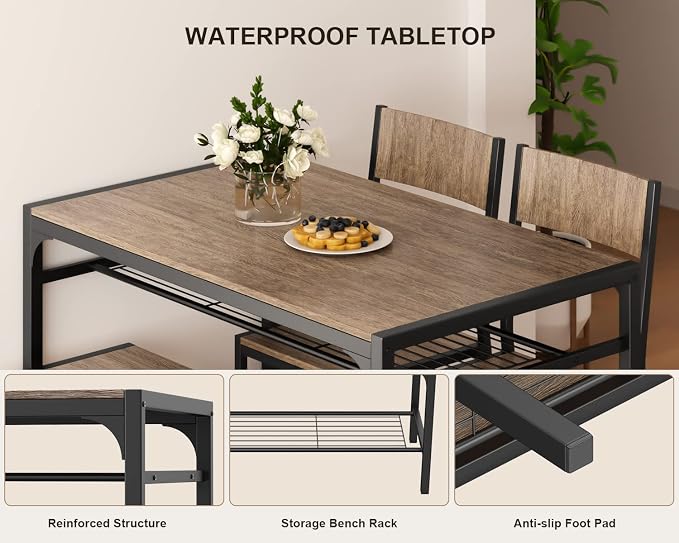 Gizoon 4-Piece Dining Table Set for 4, Kitchen Table with Bench Grey | Space-saving grey 4-piece dinette set with metal storage rack. Includes 2 ergonomic chairs and 1 bench. Easy to clean. - Image 5