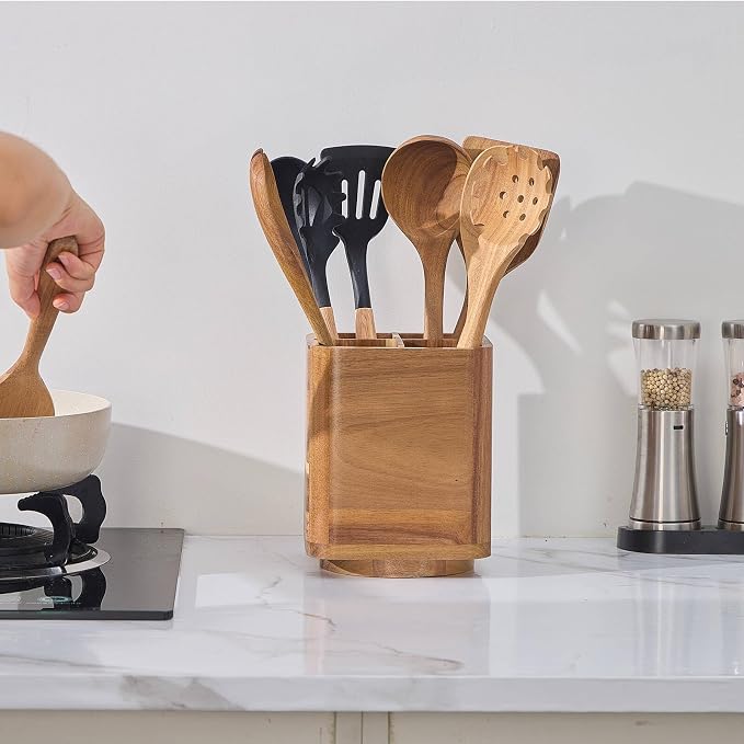 Wood Utensil Holder for Kitchen Counter, 360° Rotating Kitchen Utensil Holder, 7.2"x 6" Large Acacia Cooking Utensil Crock for Countertop (SQUARE) - Image 6