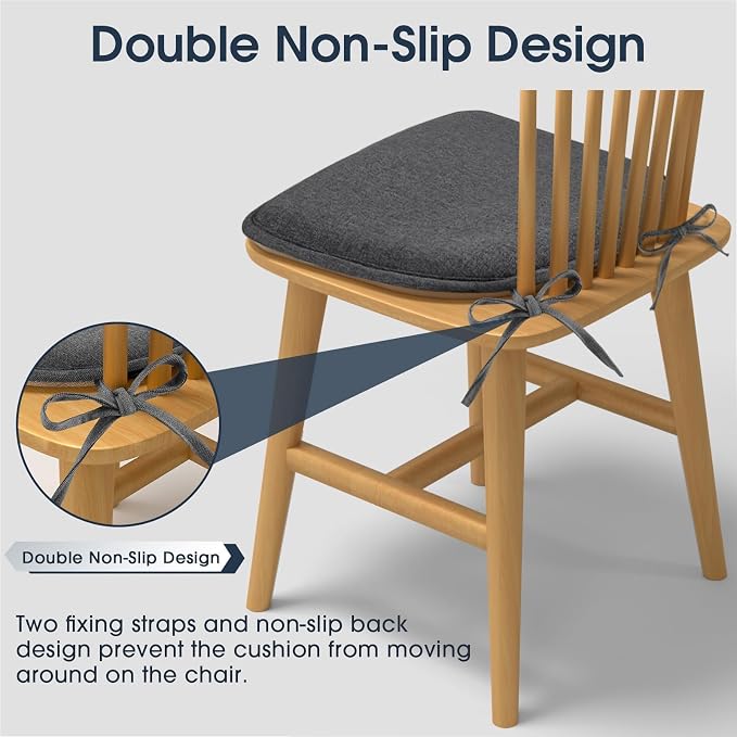 TushGuard Chair Cushions, 4 Pack Memory Foam Chair Pads, Grey | Dining Chair Pads with Fixed Straps, Thin Seat Cushion, Anti-Slip Kitchen Chair Cushion Set - Image 4