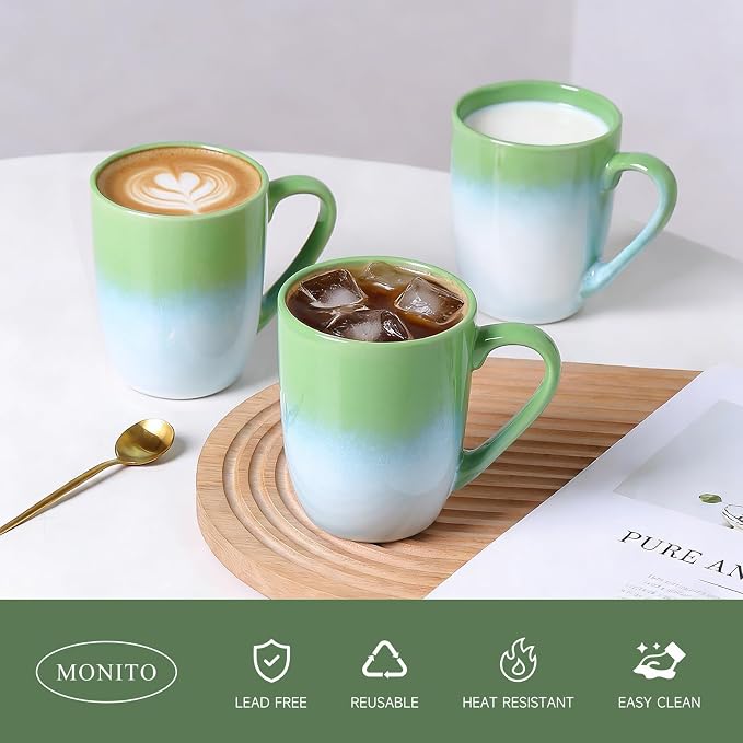 MONITO 14 OZ Coffee Mugs Set of 6, Large Ceramic Blue Coffee Mugs Set with handle for Tea/Latte/Milk/Cocoa, Funny Tea Cups for Office and Home, Engagement Gifts. (White-green) - Image 2