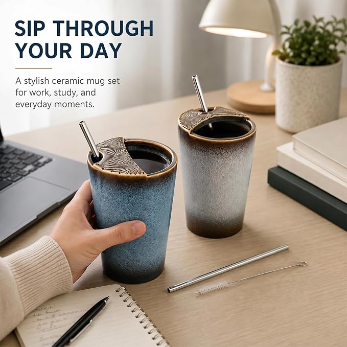 2 Pack Ceramic Coffee Mug with Sip Hole, Retro Espresso Cup 13 oz with 2 Straws and 2 Cleaning Brushes Ceramic Iced Coffee Tea Travel Mug Latte Cup for Kitchen Dining - Image 6