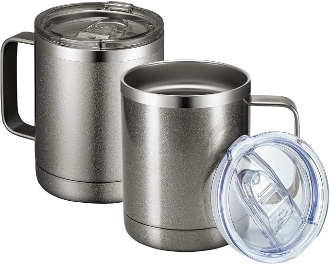 MEWAY 12oz Coffee Mug With Handle 2 Pack Bulk,Stainless Steel Insulated Travel Tumblers With Sliding Lid,Double Wall Vacuum Camping Cup for Hot & Cold Drinks Tea (Cold Grey,Set of 2) by MEWAY