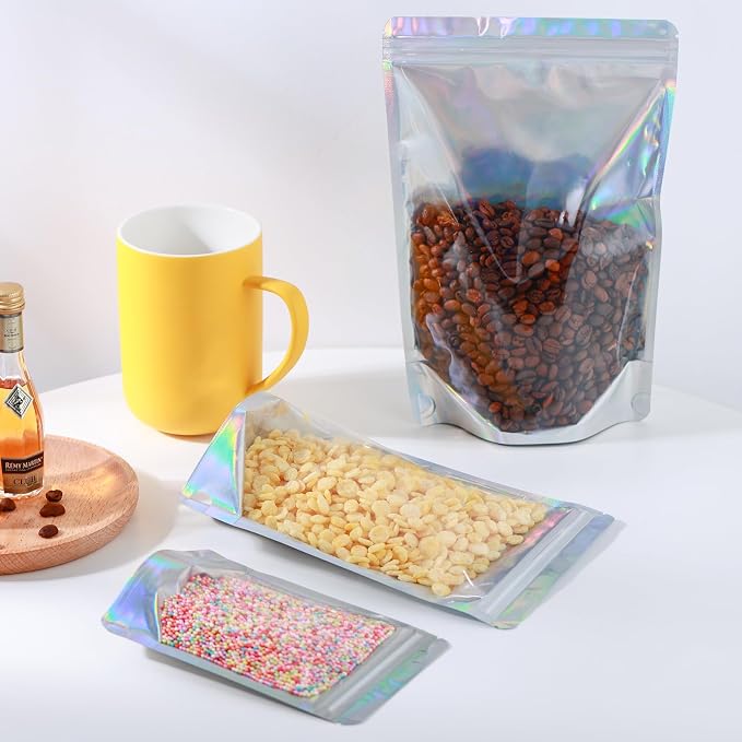150 Pcs Mylar Bags for Food Storage, 7x10 Mylar Bag with Window Stand Up, Large Holographic Resealable Bags Smell Proof Bag Food Packaging for Small Business Freeze Dried Candy Jewelry Foil Packaging - Image 7