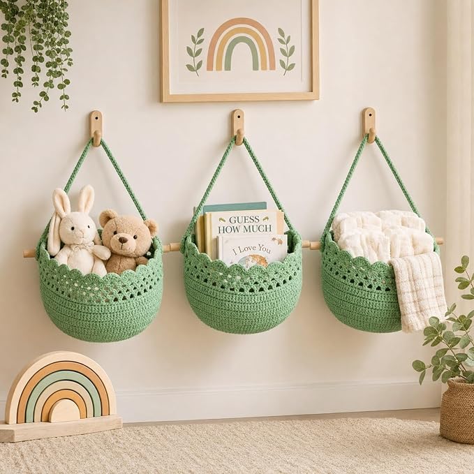 Honeydak Boho Decor Hanging Wall Baskets for Kitchen 3 Pack Teardrop Baskets with Hooks Storage Fruit Onion Vegetable Potato for Home(Sage Green,Lace,Cotton Rope) - Image 6