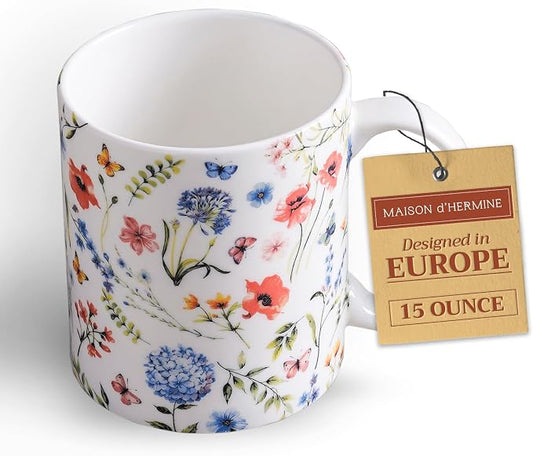 Maison d' Hermine Coffee Mug with Handles Tea Cups (15 Ounce, Pack of 1) | Fine Bone China Coffee Mugs for Hot Beverages Cappuccino Latte Home Restaurant Spring Summer -Just Floral - Blues 'N Redz by MaisondHermine