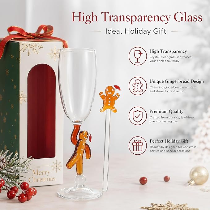Holiday Stem Wine Glass, 7oz/200ml Gingerbread Man Glassware | Hand Painted Drinking Cup & Decorative Drink Swizzle Sticks for Xmas Party Friends Lovely Gifts - Image 3