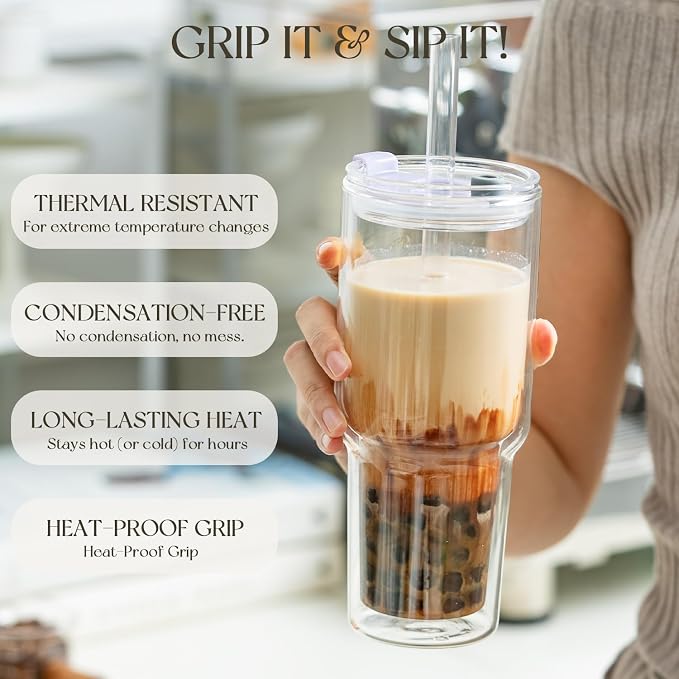 KEMORELA 28 oz Double Wall Glass Tumblers Set of 2, Extra-Wide 13mm Reusable Drinking Straws, Boba Tumbler, Wide-Mouth Water Cups for Iced Coffee, Smoothies, Boba & Tea Lovers (Clear) - Image 7