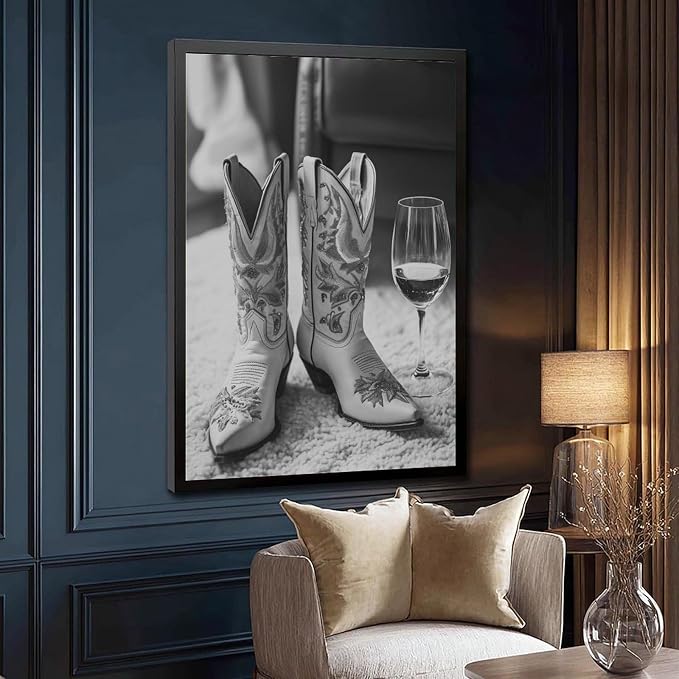 UXCBIA Cowboy Boots And Wine, Black And White, Stylish Vintage Country Poster Canvas Poster Wall Art Decor Print Picture Paintings for Living Room Bedroom Decoration Black Frame 12x18in(30x45cm) - Image 3