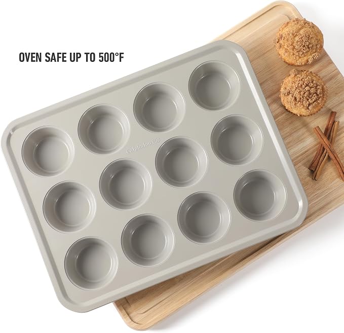 Calphalon Legacy 12 Cup Nonstick PFA Free Cupcake Muffin Pan Baking Pan in Taupe, Heavy Gauge Steel Bakeware for Even Heating, Oven Safe Muffin Tray for Cupcakes - Image 7