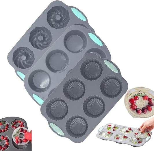 Wreath Ice Cube, Christmas Silicone Wreath Shaped Ice Cube Tray and Snowflake Mold Set, 6 Hole Mini Bund and Cake Pan Candy Bakeware for Holiday Cocktails Ice Cubes DIY Crafts (B+C+D)