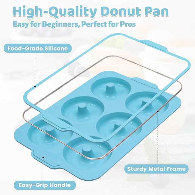 3.5 Inch Nonstick Silicone Donut Pan for Baking with Metal Frame, 1 Pack Donut Molds for Baking, 6 Cavity Doughnut Pan for Oven and Bagel Trays Non Toxic with Handle (Mint Green)