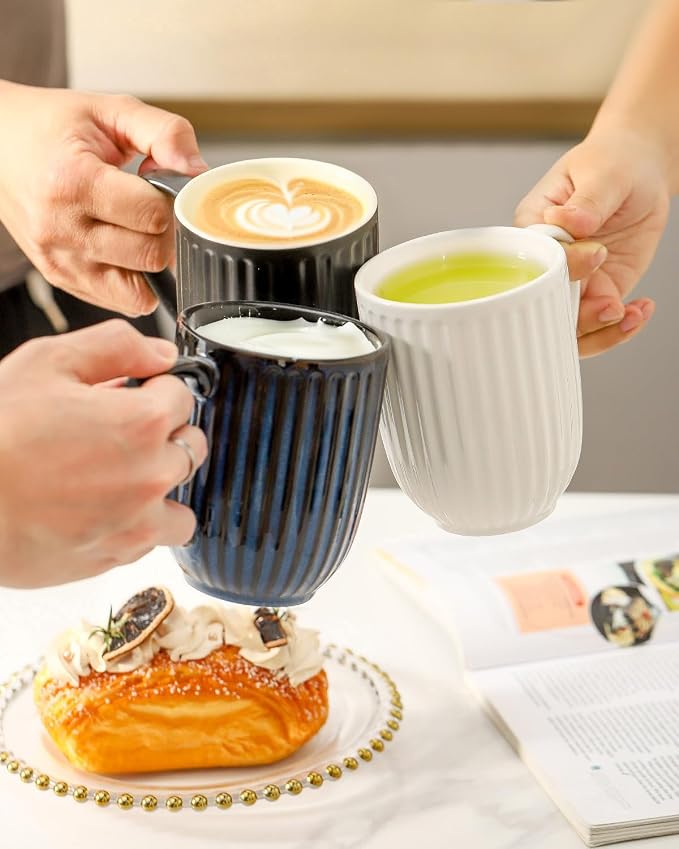 HASENSE 16oz Ceramic Coffee Mugs Set of 4, Black Ribbed Latte Cups with Large Ergonomic Handle, Modern Lightweight, Great for Coffee, Tea & Cocoa, Dishwasher & Microwave Safe - Image 3
