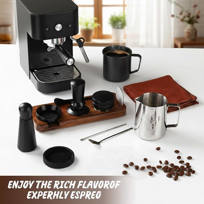 13 Pcs Espresso Accessories Set 51mm Tamper WDT Espresso Distribution TOOL Kit Frothing Pitcher, Mat, Latte Art Pen, Sandalwood Tamping Station, Barista Towel, Brush and Decorative Stencils