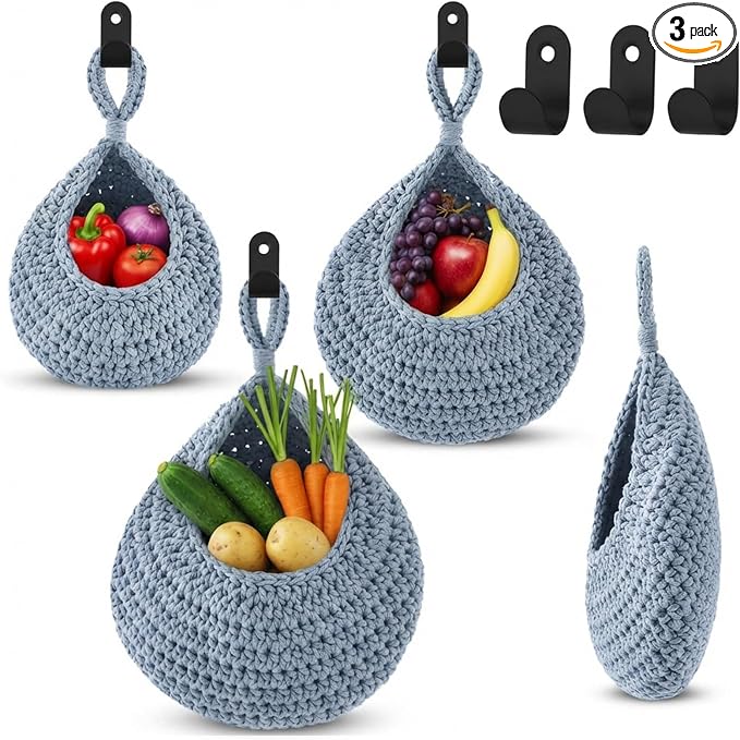 Honeydak Boho Decor Hanging Wall Baskets for Kitchen 3 Pack Teardrop Baskets with Hooks Storage Fruit Onion Vegetable Potato for Home 3 Sizes(Light Blue,Teardrop,Cotton Rope) by Honeydak