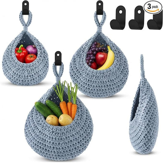 Honeydak Boho Decor Hanging Wall Baskets for Kitchen 3 Pack Teardrop Baskets with Hooks Storage Fruit Onion Vegetable Potato for Home 3 Sizes(Light Blue,Teardrop,Cotton Rope) by Honeydak