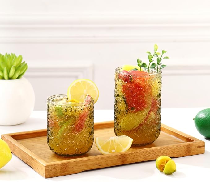 Green Drinking Glasses Set of 12, 12 Oz Highball & 10 Oz Cocktail Glasses, Green Kitchen Vintage Glassware Set, Floral Embossed Glass Tumbler Cups for Water, Beer, Juice, Whiskey, Coffee - Image 2