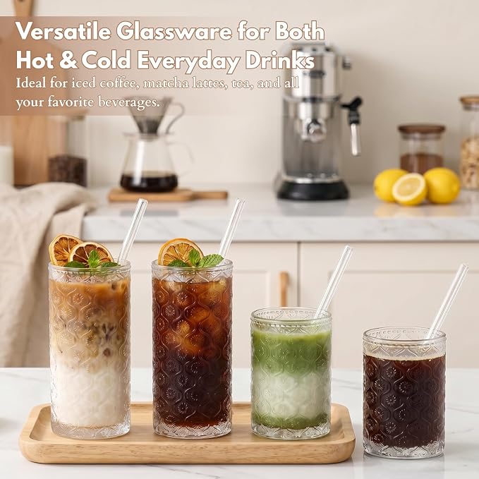 Clear Drinking Glasses Set of 8, 12 Oz Highball & 10 Oz Cocktail Glasses with Straws, Thick Glass Iced Coffee Cups, Floral Embossed Kitchen Vintage Glassware Set for Water, Beer, Juice, Whiskey - Image 4
