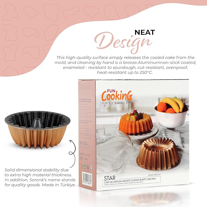 serenk Fun Cooking Star Cake Pan, Die Cast Coating with Elegant Pattern, Nonstick Bakeware, Cake Mould for Professional Taste, 10.2”, Round, Yellow | With A+ non-stick granite coating, die-cast aluminium, yellow, diameter 26 cm, made in Türkiye - Image 6
