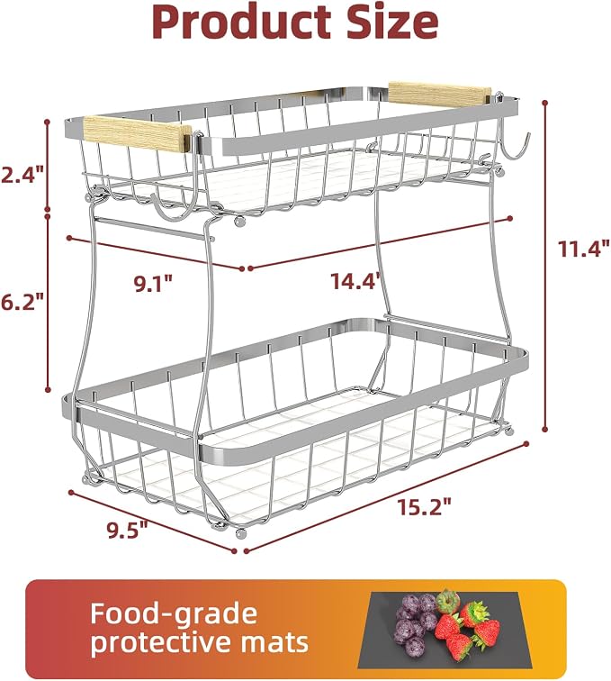 2-Tier Fruit Basket with Banana Hangers, Detachable Metal Bowl | Wooden handle, protective mats included. Versatile holder for bread, snacks, and veggies. Extra Large 2 tier metal design. - Image 7