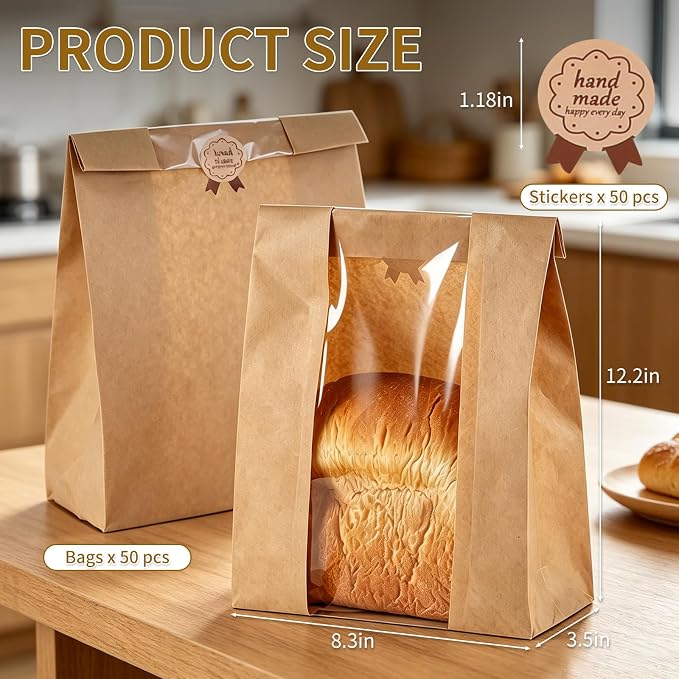 Banana Bread Packaging, Bread Packaging for Homemade, 50 Pcs 13.78" × 8.27" × 3.54" Bags with Clear Window and 50 Stickers, Water and Oil Repellent, Easy to Use, Well-Sized for Baked Goods - Image 6