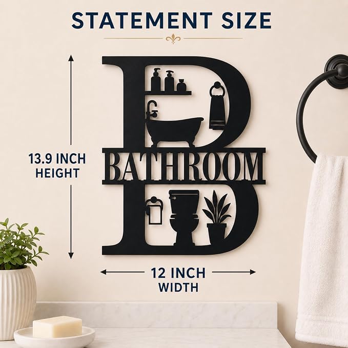 Bathroom Metal Wall Decor, Farmhouse Restroom Sign, 14 Inch | 14-inch matte black metal bathroom sign with pre-drilled holes for farmhouse, modern, or rustic restroom wall decor. - Image 8
