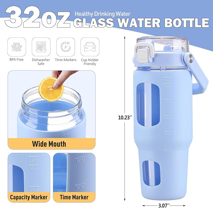 BLUEGO 32oz Glass Tumbler with Lid and Handle, Iced Coffee Cup with Straws, Glass Water Bottle with Silicone Sleeve and Volume, Marker Glass Cup with Time Marking, BPA Free, Blue