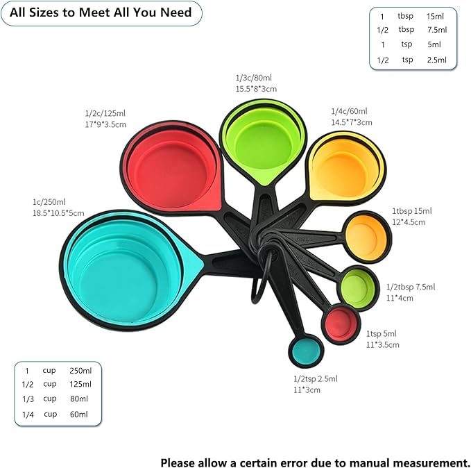8-Piece Foldable Measuring Spoons/Cups, Space-Saving Collapsible Kitchen Essentials with ml/Cup/TSP Markings, BPA-Free Silicone for Baking, Cooking UK