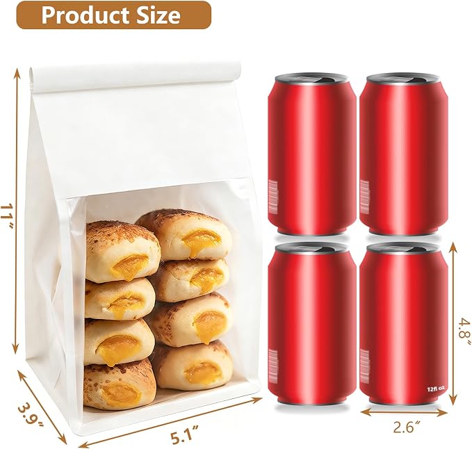 50 PCS White Bread Bags for Homemade Breads, 11x5.1x3.9 Inch Resealable Cookie Bags with Tin Tie Tab Lock, Paper Bakery Bag with Window for Packaging Bagels, Scone, Brownie, Baked Goods Storage - Image 2