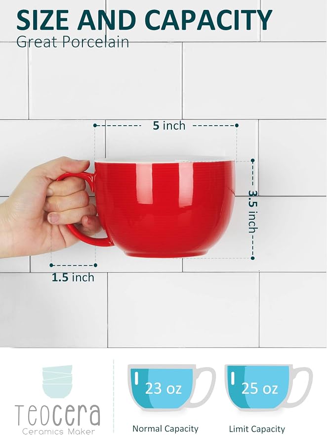 Teocera Red Mugs Set of 4, 24oz Jumbo Mugs, Large Coffee Mugs for Coffee, Hot Cocoa, Tea - Striped Design - Microwave Safe, Christmas Gift - Image 2
