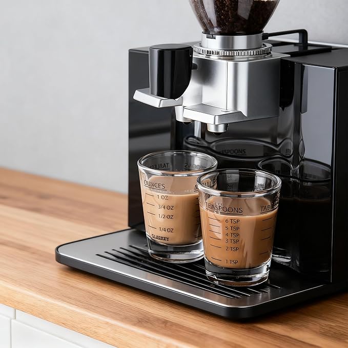 2-Pack Shot Glass Measuring Cups Set | Non-Fading 4-Measurement Espresso Jigger (OZ/ML/TSP/TBSP) | Thick Base Heavy Glass Measuring Cup for Coffee & Kitchen，Dishwasher Safe, Incremental Scale (Black)
