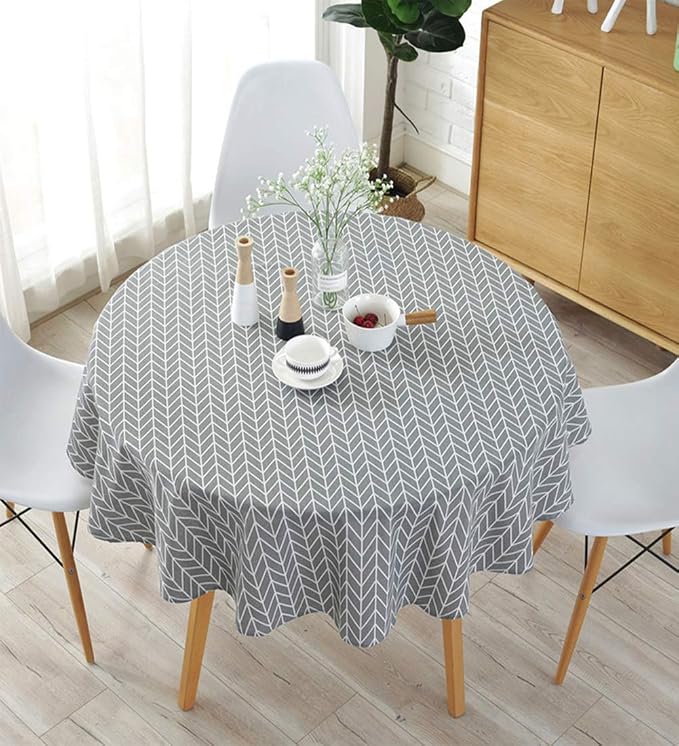 meioro Grey Farmhouse Table Cloth Round Cotton Linen Nordic Twill Tablecloths Wrinkle Free Fabric Arrow Stripe Table Cloths Rustic Cover for Kitchen Dining Party Outdoor Picnic(Round 60 Inch) by meioro