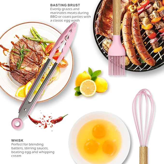 oannao Silicone Kitchen Utensils Set - 446°F Heat Resistant Cooking Utensil Sets, Spatula,Turner,Tongs,Spoon,Whisk, Wooden Handle Silicone Kitchen Gadgets Tools for Non-Stick Cookware BPA Free (Pink) - Image 4
