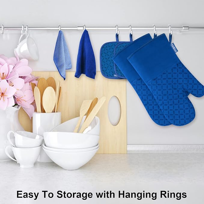 KEGOUU Oven Mitts and Pot Holders 6pcs Set, Kitchen Oven Glove High Heat Resistant 500 Degree Extra Long Oven Mitts and Potholder with Non-Slip Silicone Surface for Cooking (Royal Blue) - Image 4
