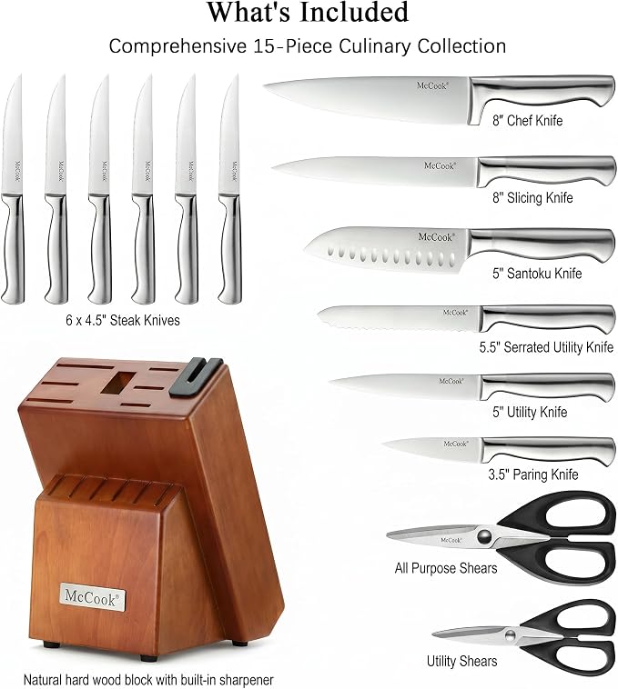 McCook Kitchen Knife Set 15PC Knife Block Set w Built-in Sharpener | German Forged Stainless Steel,Razor Sharp,15 PC, Anti-Rust,Restaurant Grade,Ergonomic Handles,Full Tang,Gift Box - Image 2