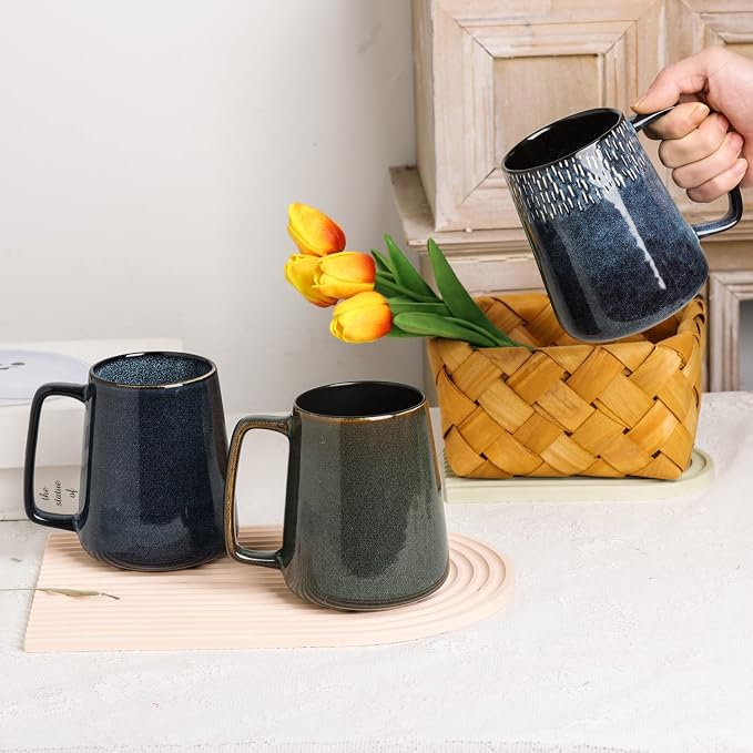 Large Ceramics Coffee Mugs,24 OZ,with Spoon and Wooden Lid,for Coffee,Tea,Large Handle Design,Microwave and Dishwasher Safe(Color:24 oz star blue set) - Image 5