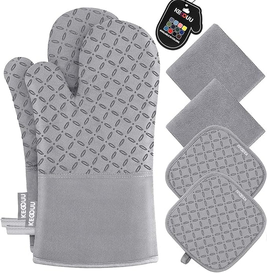 KEGOUU Oven Mitts and Pot Holders 6pcs Set, Kitchen Oven Glove High Heat Resistant 500 Degree Extra Long Oven Mitts and Potholder with Non-Slip Silicone Surface for Cooking (Light Gary) by KEGOUUOvenMitt
