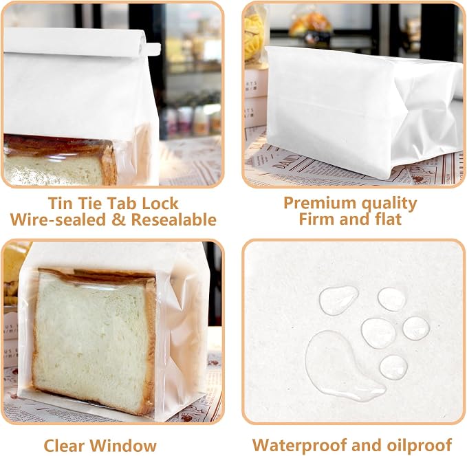 50 PCS White Bread Bags for Homemade Breads, 11x5.1x3.9 Inch Resealable Cookie Bags with Tin Tie Tab Lock, Paper Bakery Bag with Window for Packaging Bagels, Scone, Brownie, Baked Goods Storage - Image 4
