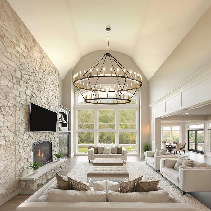 60 Inch Farmhouse Wagon Wheel Chandelier, 2 Tier 54-Lights Round Chandelier for Living Room, Rustic Black and Gold Chandelier, Extra Large Foyer Chandeliers for High Ceilings, for Staircase, Entryway - Image 4